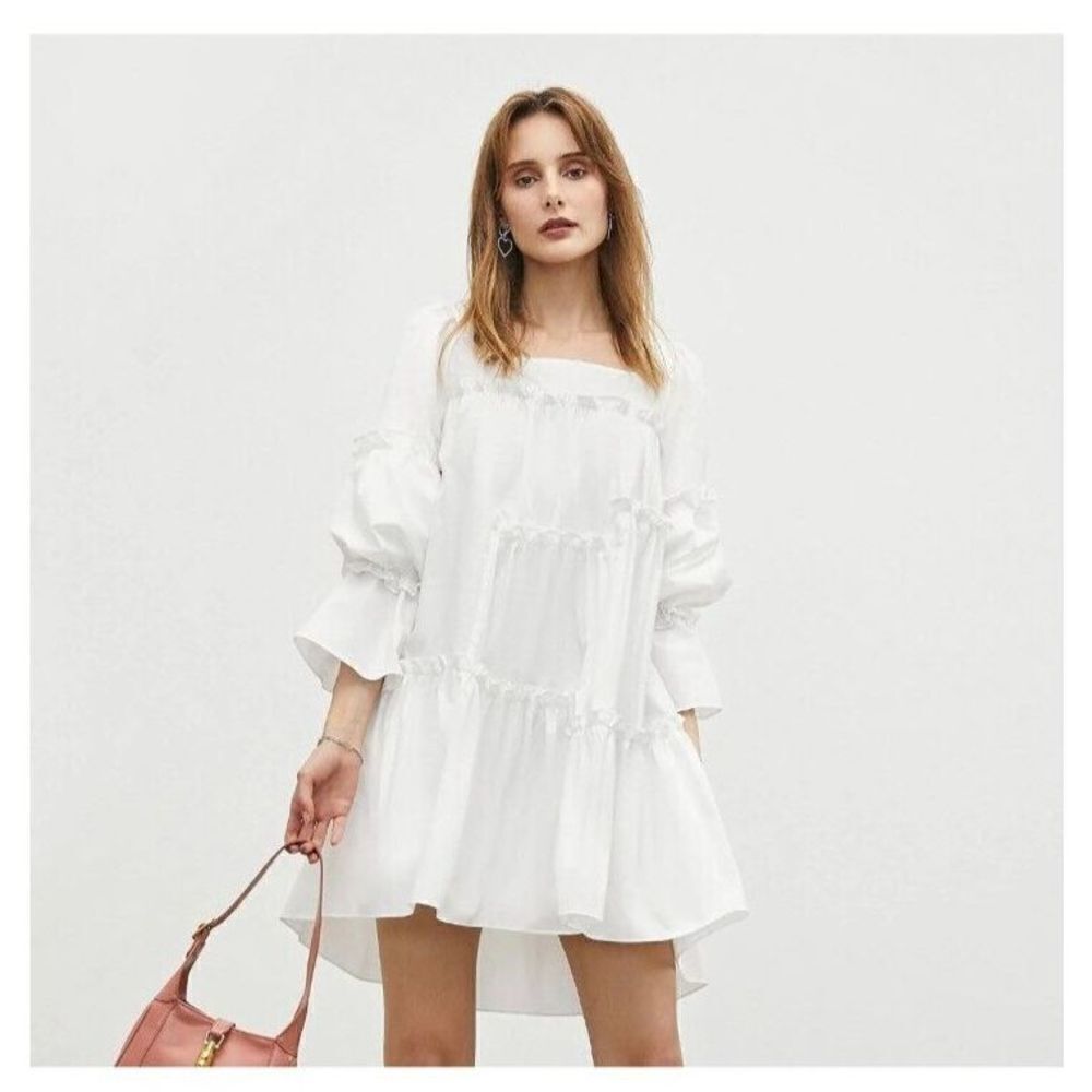 J. ING Dress White‎ Size Small Square Neck Long Puff Sleeve Mini Dress